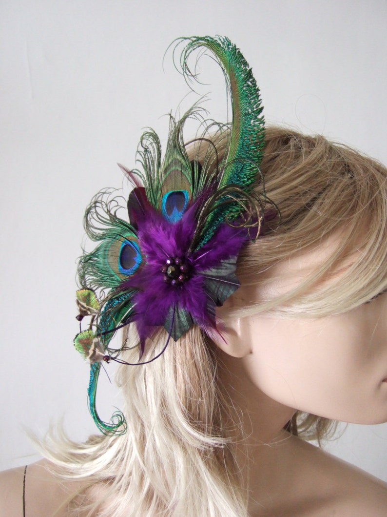 Green Purple Peacock Feathers Quills Fascinator Hair Clip Moe Mother of the Bride Bride Prom Party Wedding Inspiration Gatsby Flapper image 4