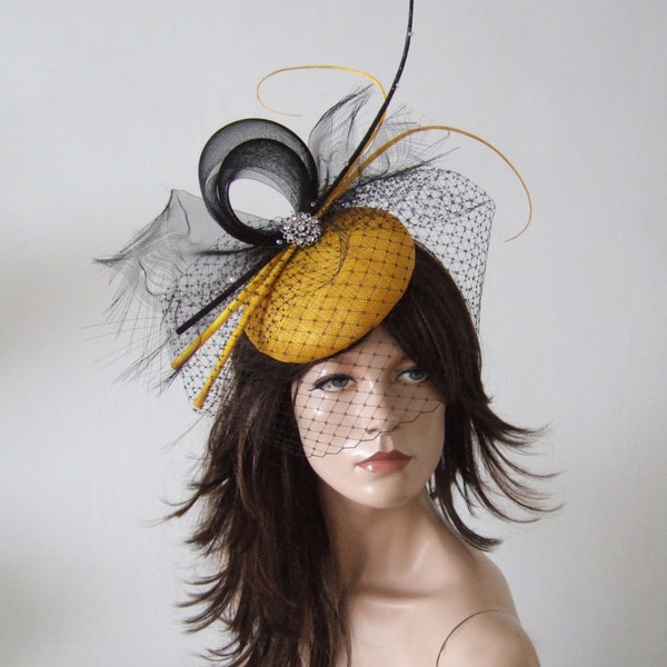 Black Golden Yellow Quills and Crystals Veiled Fascinator Headpiece with Frayed Crin MV2607 Mother of The Bride Racing Fashion Hat