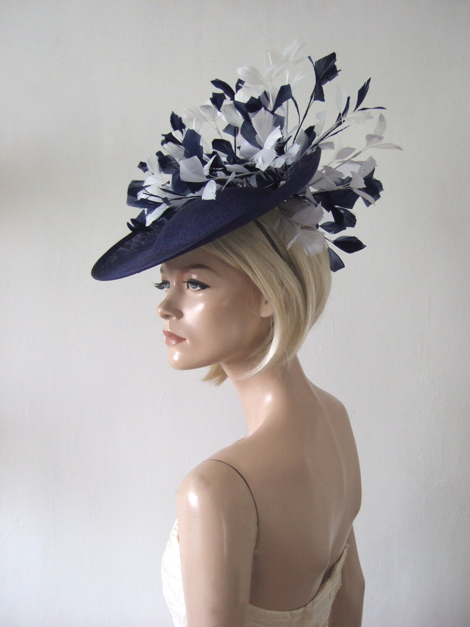 Navy White Saucer Disc Feather Tree Hat Headpiece Fascinator Etsy