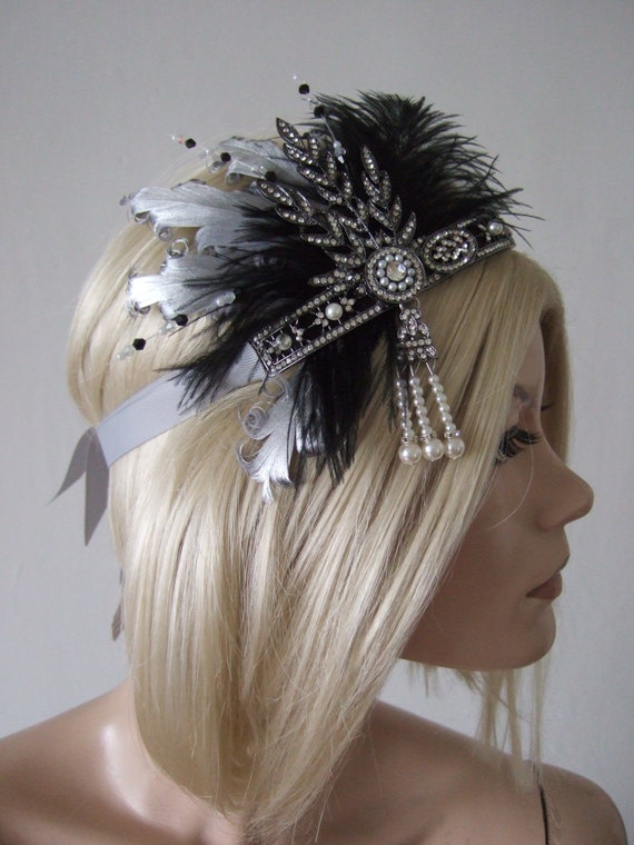Royal Blue Silver Ostrich Feather Flapper Headpiece 1920s Vtg Headband Pearl L46
