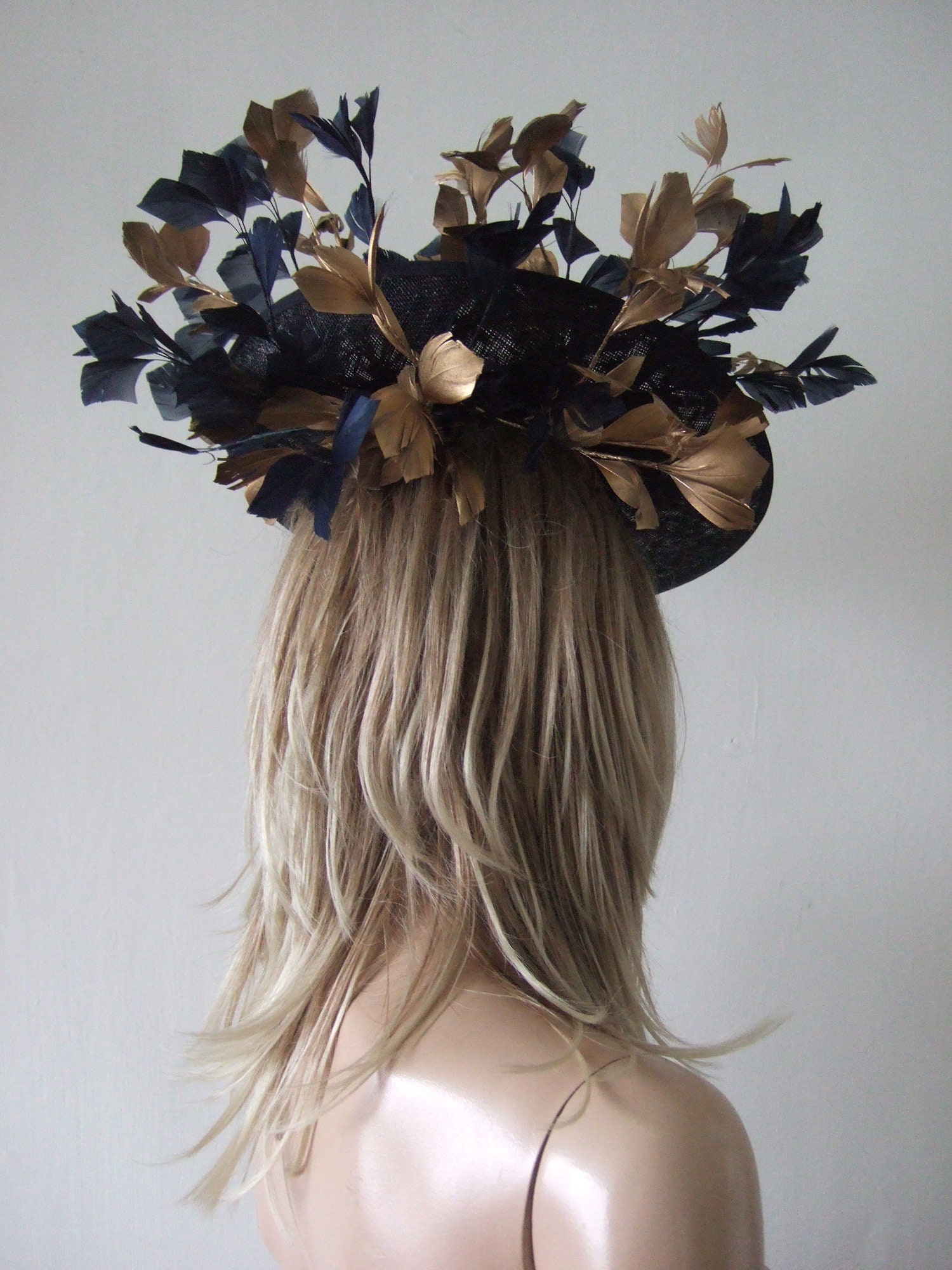 Dark Navy Gold Saucer Disc Feather Tree Hat Headpiece Etsy