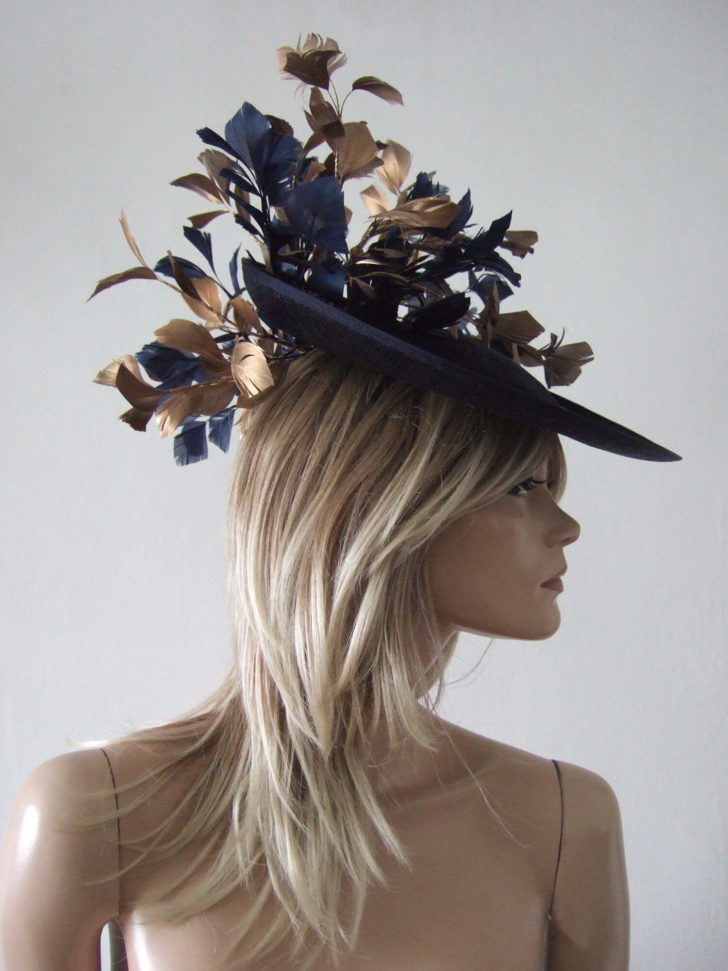 Dark Navy Gold Saucer Disc Feather Tree Hat Headpiece Etsy
