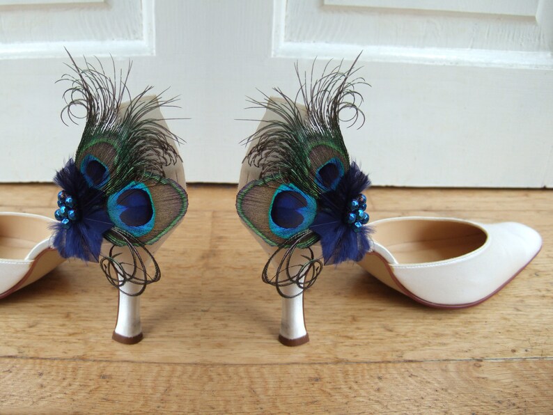 Bridal Peacock Feathers Blue Green Navy Shoe Clips Etsy