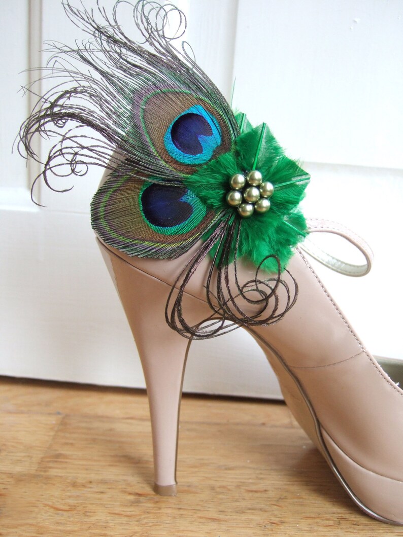 Bridal Peacock Feathers Emerald Green Shoe Clips Etsy UK