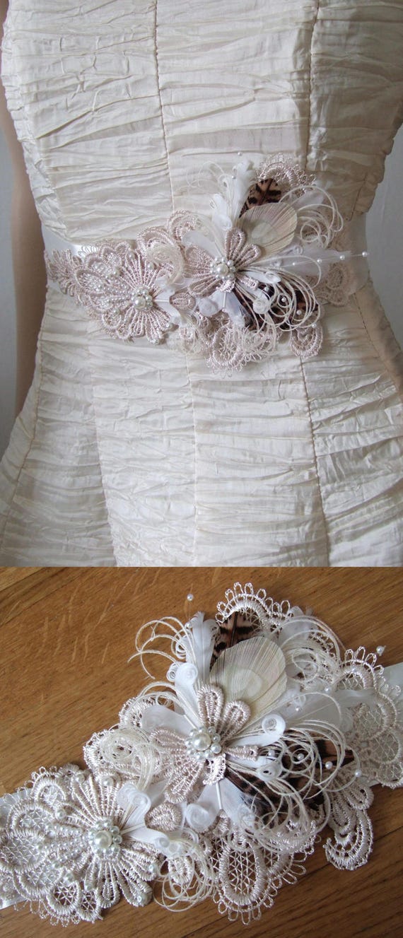 Pheasant Peacock Feathers Guipure Lace Bridal Sash Belt Etsy