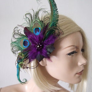 Green Purple Peacock Feathers Quills Fascinator Hair Clip Moe Mother of the Bride Bride Prom Party Wedding Inspiration Gatsby Flapper image 2