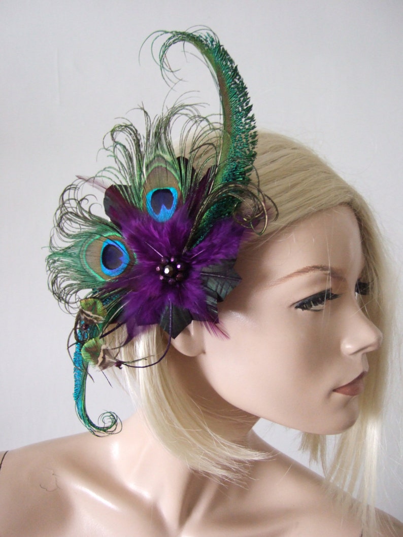 Green Purple Peacock Feathers Quills Fascinator Hair Clip Moe Mother of the Bride Bride Prom Party Wedding Inspiration Gatsby Flapper image 2