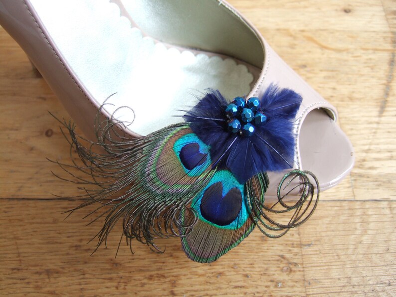 Bridal Peacock Feathers Blue Green Navy Shoe Clips Etsy