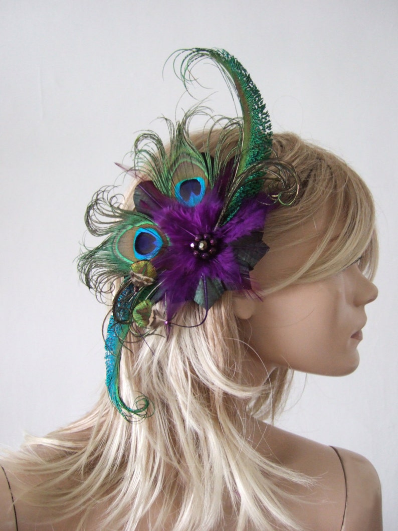 Green Purple Peacock Feathers Quills Fascinator Hair Clip Moe Mother of the Bride Bride Prom Party Wedding Inspiration Gatsby Flapper image 1