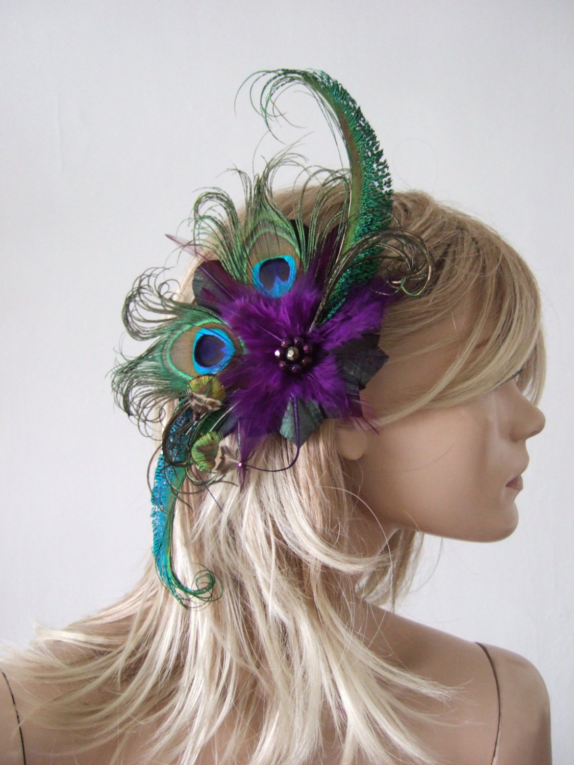 Green Purple Peacock Feathers Quills Fascinator Hair Clip Moe Mother Of The Bride Bride Prom Party Wedding Inspiration Gatsby Flapper