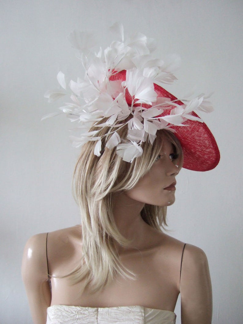 Red White Saucer Disc Feather Tree Hat Headpiece Fascinator Etsy