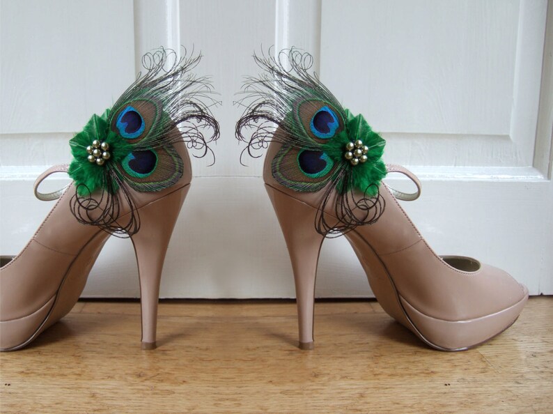 Bridal Peacock Feathers Emerald Green Shoe Clips Etsy UK