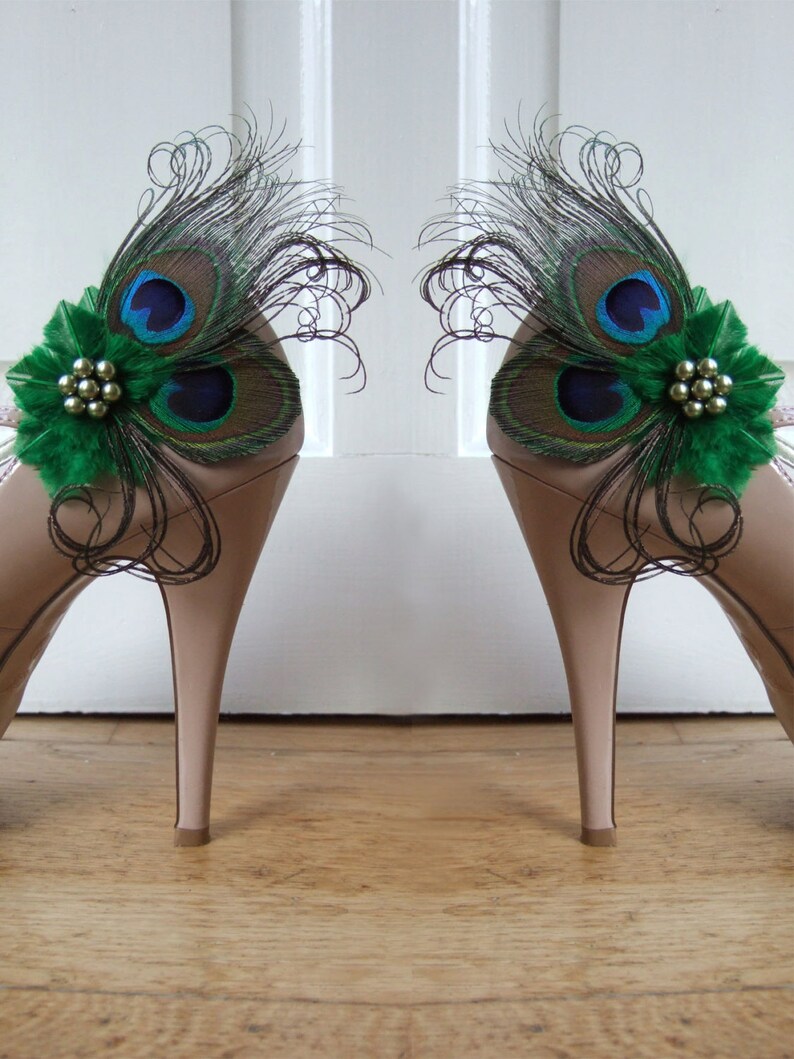 Bridal Peacock Feathers Emerald Green Shoe Clips Etsy UK