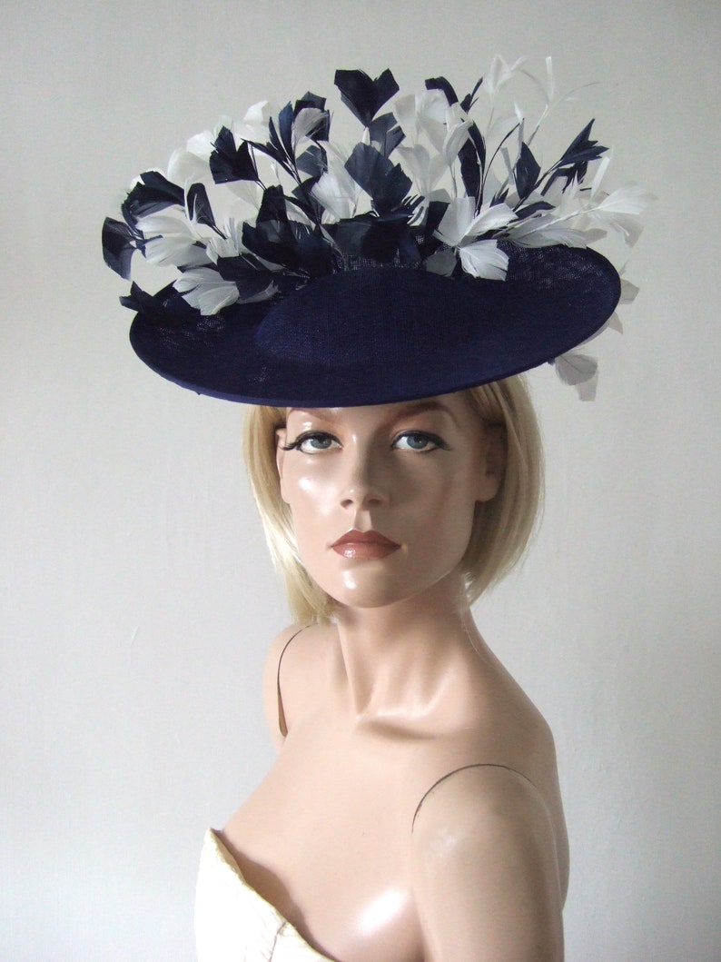 Navy White Saucer Disc Feather Tree Hat Headpiece Fascinator Etsy