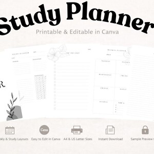 Könnte beinhalten: Ein weißer Studienplaner mit floralen Illustrationen und dem Text "Study Planner". Der Planer enthält Abschnitte für tägliche, wöchentliche und To-Do-Listen. Ein weißer Stift liegt auf der rechten Seite des Planers.