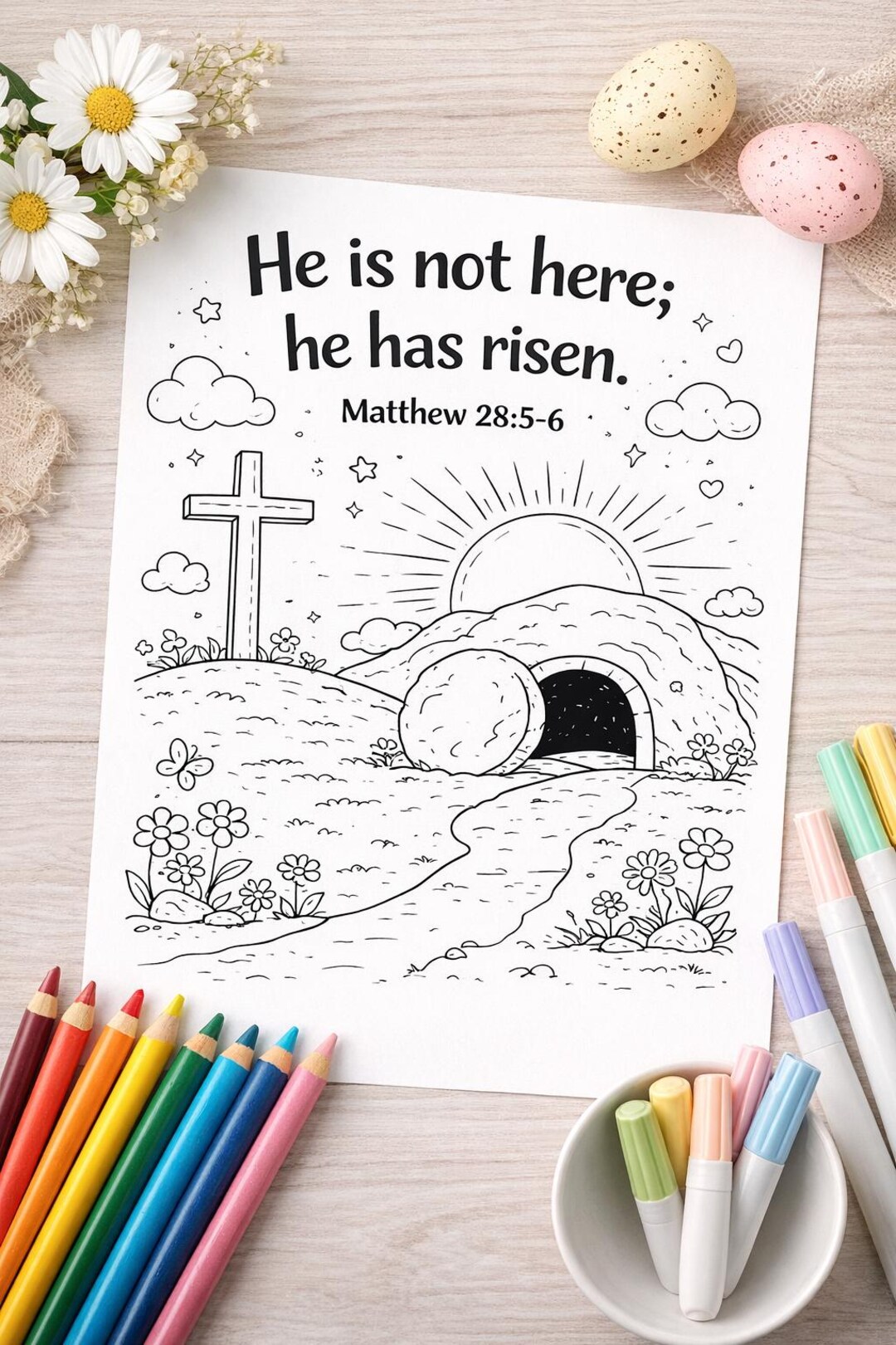 Easter Coloring Page for Kids | He Has Risen Bible Verse (downloadable ...