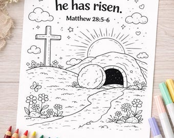Easter Coloring Page for Kids | He Has Risen Bible Verse (Downloadable PDF/PNG)