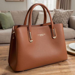 May include: A brown leather handbag with two handles and gold-colored accents. The bag has a rectangular shape and a textured surface. The text "YUQI YUOBORIO TIUS EACTIANS" is printed on the front of the bag. The bag is sitting on a wooden table.