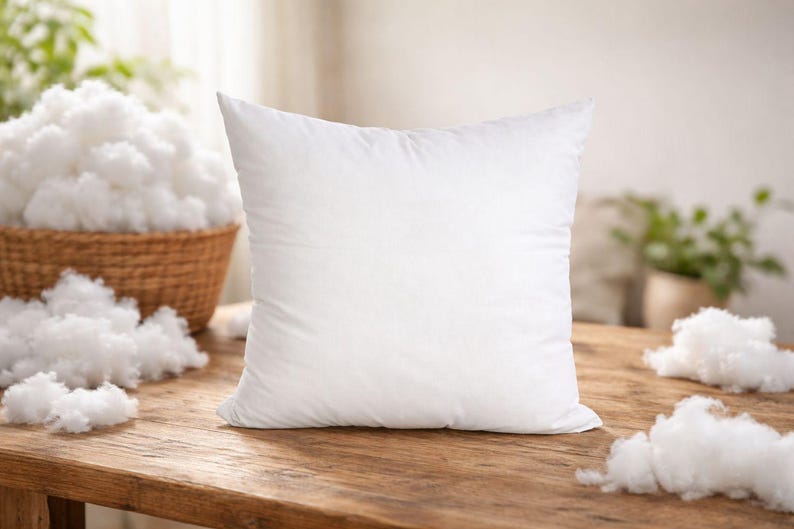 May include: A square, white pillow sits on a wooden surface, with fluffy white filling scattered around it. A wicker basket overflowing with more filling is in the background, suggesting a bedding or home decor theme.