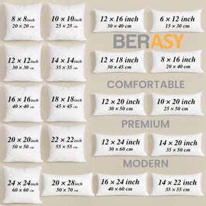 May include: White square and rectangular throw pillows in various sizes, from 8x8 inches to 24x24 inches, with measurements in inches and centimeters. The image includes the words "BERASY", "COMFORTABLE", "PREMIUM", and "MODERN".
