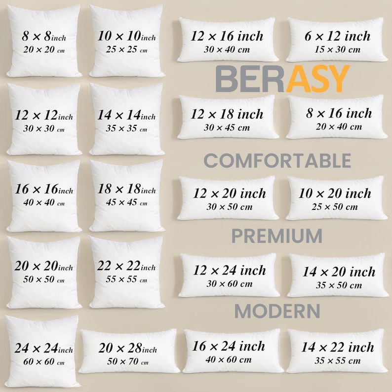 May include: White square and rectangular throw pillows in various sizes, from 8x8 inches to 24x24 inches, with measurements in inches and centimeters. The image includes the words "BERASY", "COMFORTABLE", "PREMIUM", and "MODERN".