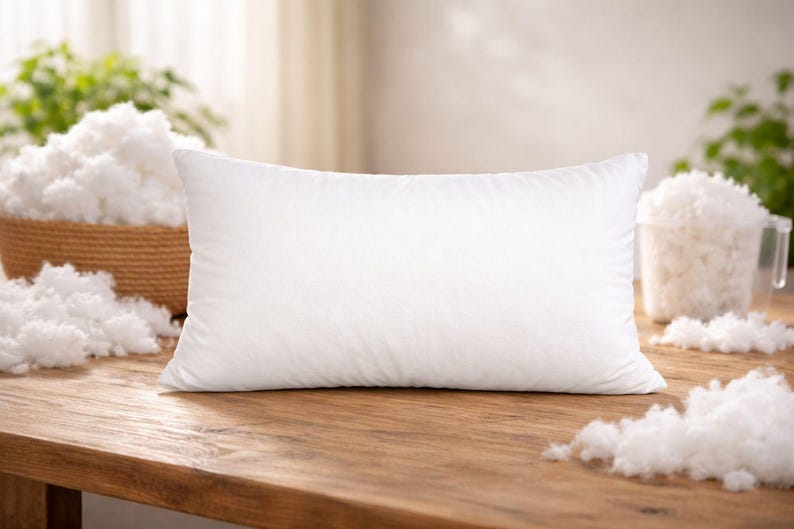 May include: A white rectangular pillow rests on a wooden surface, surrounded by fluffy white filling. A woven basket and a measuring cup filled with the same material are in the background. The pillow is the focal point, suggesting a bedding or home decor theme.
