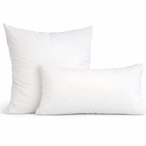 May include: Two white pillows of different sizes are displayed against a white background. The larger pillow is rectangular and upright, while the smaller pillow is horizontal. Both pillows have a soft, fluffy appearance, suggesting a comfortable design.