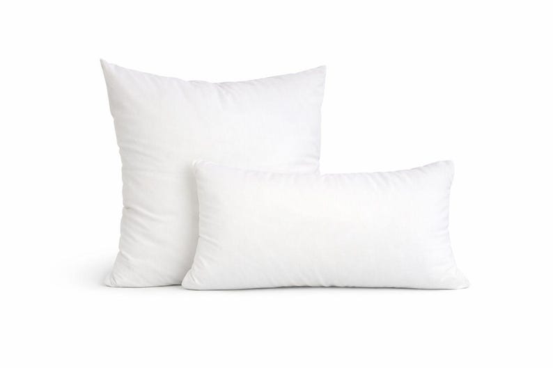 May include: Two white pillows of different sizes are displayed against a white background. The larger pillow is rectangular and upright, while the smaller pillow is horizontal. Both pillows have a soft, fluffy appearance, suggesting a comfortable design.