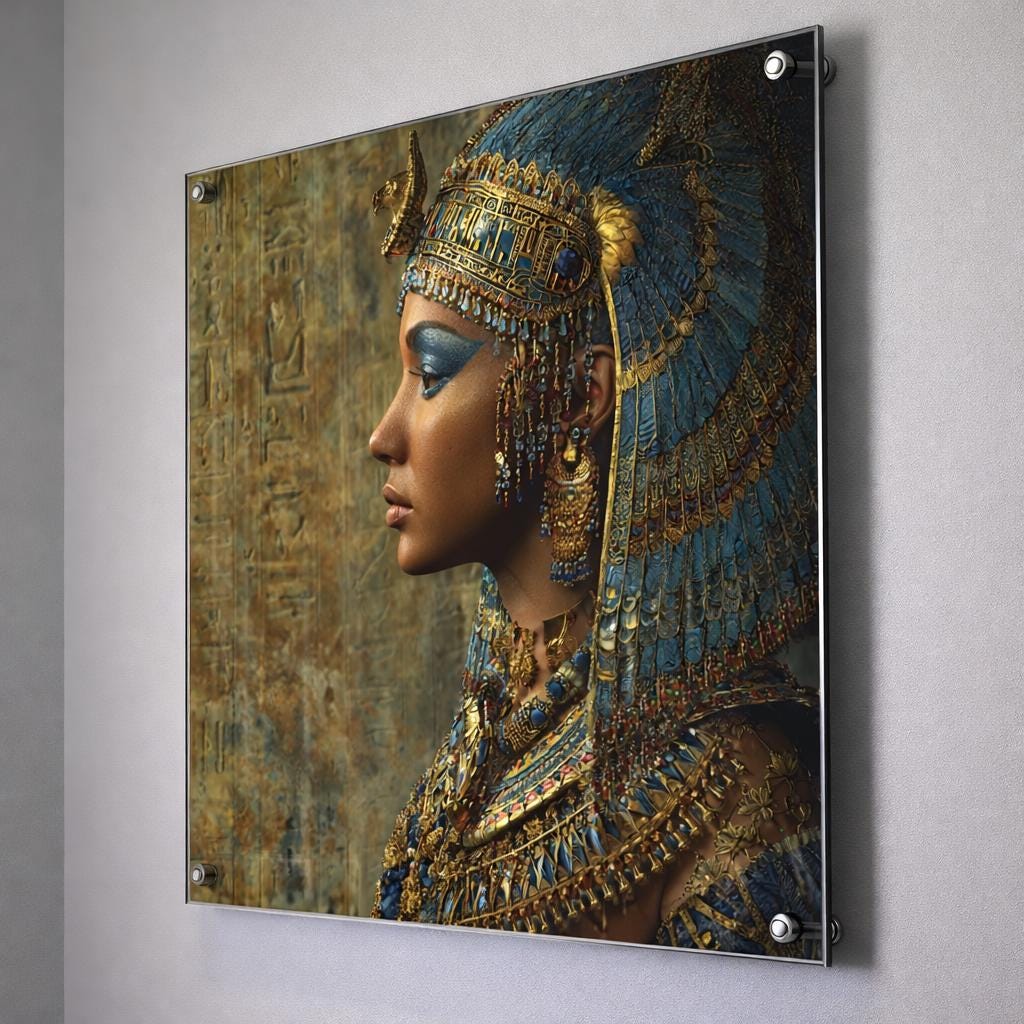 Egyptian Queen Acrylic Print, Pharaoh Goddess Portrait (Blue & Gold)