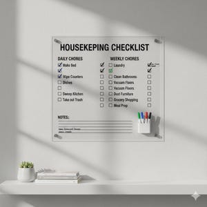 May include: Clear acrylic housekeeping checklist with the text "HOUSEKEEPING CHECKLIST". It includes daily and weekly chores with check boxes. A small white container holds colorful markers. The checklist is mounted on a white wall.