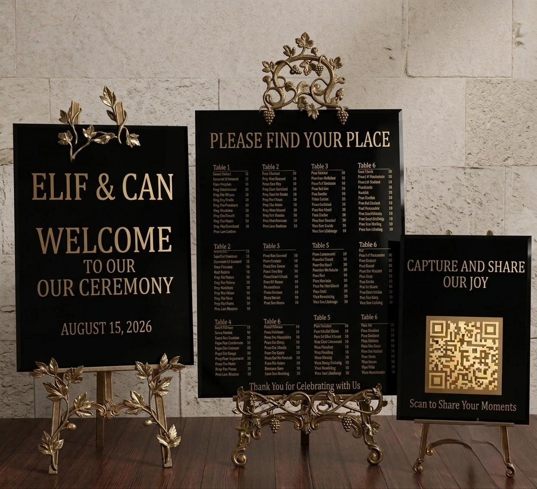 Wedding Sign Bundle: Floral Acrylic Welcome, Seating QR Code - Mod...