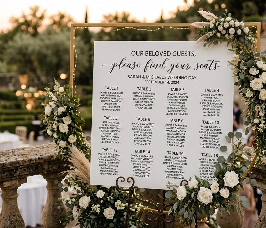 Wedding Seating Chart Sign , Floral Design - Custom Guest List Board
