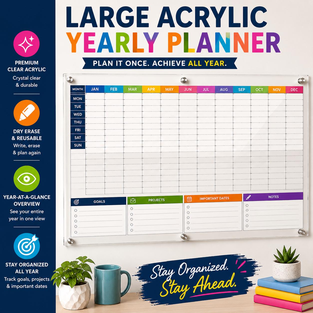 Fully Customizable Acrylic Wall Calendar, Dry-Erase Yearly Planner,...