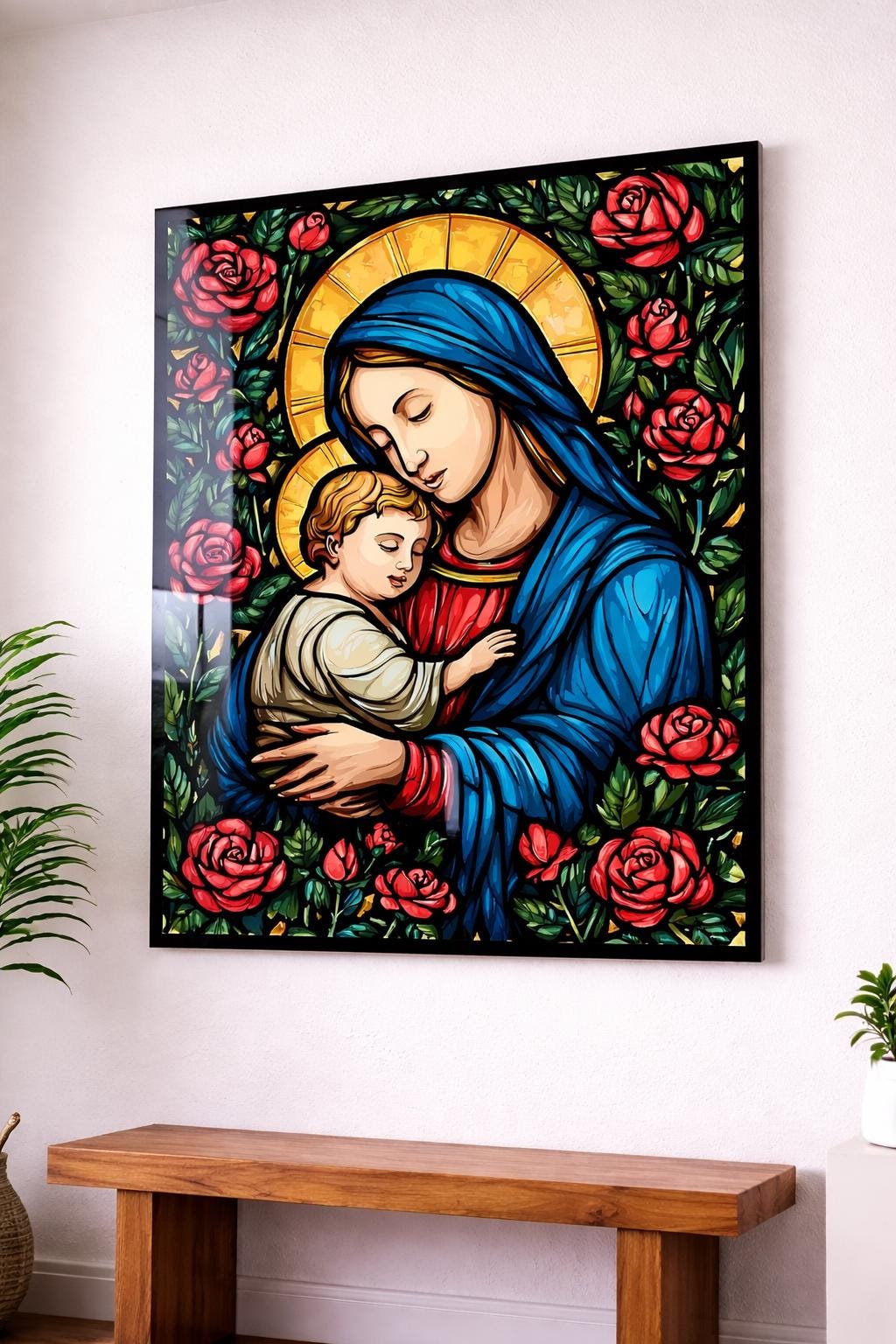 Virgin Mary and Baby Jesus Acrylic Wall Art, Stained Glass Style
