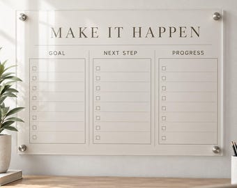 May include: A clear acrylic wall-mounted planner board featuring the text MAKE IT HAPPEN at the top. The board is divided into three columns labeled GOAL, NEXT STEP, and PROGRESS, each containing a list of checkboxes and horizontal lines.