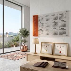 May include: An office interior with a large clear calendar on the wall, displaying the months. Below, framed certificates and a desk with a lamp, pen, and notepad. A potted tree and a rug add warmth to the space.