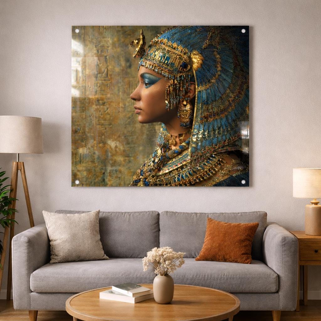 Ancient Egyptian Queen Acrylic Wall Art – Blue & Gold Cleopatra Por...