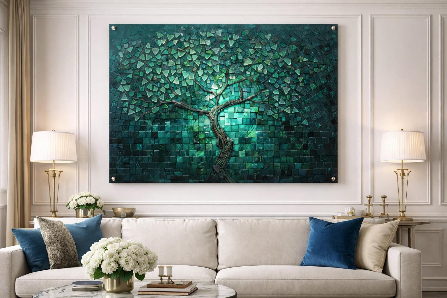 Green Mosaic Tree Acrylic Wall Art, Modern Abstract Decor