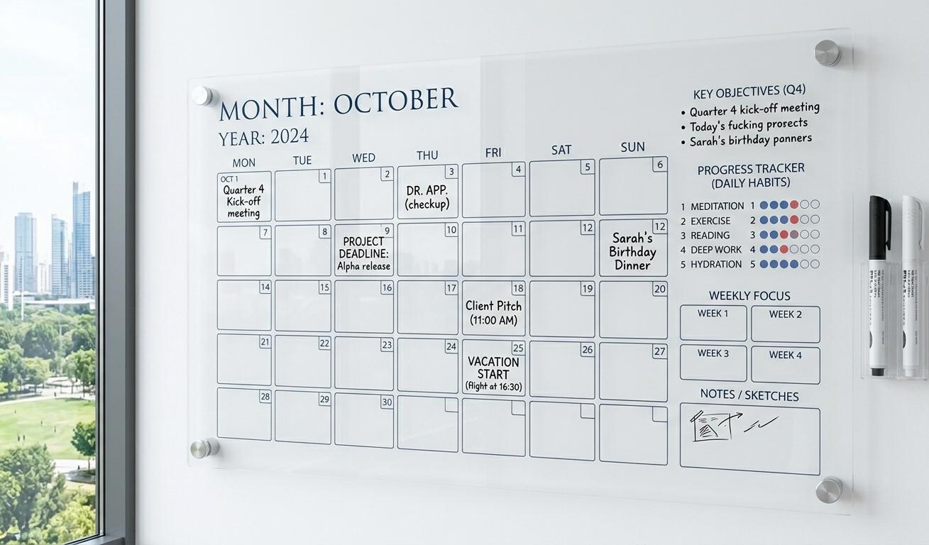 Acrylic Monthly Calendar, Reusable Dry Erase Wall Planner, Modern O...