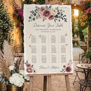 Floral Wedding Seating Chart PVC Sign, Elegant Reception Decor, Custom Guest List Board