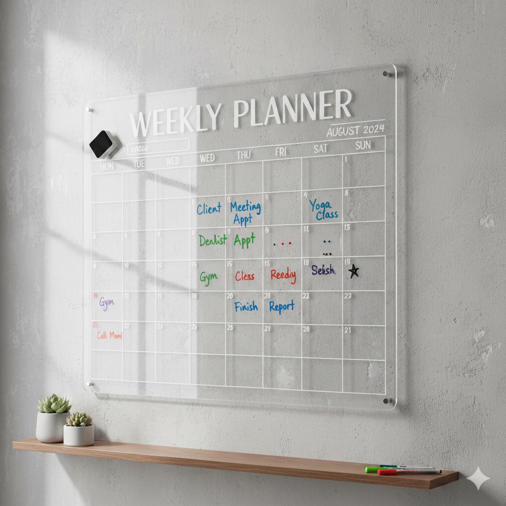 Weekly Wall Calendar Planner: Clear Acrylic - Large Dry Erase Board
