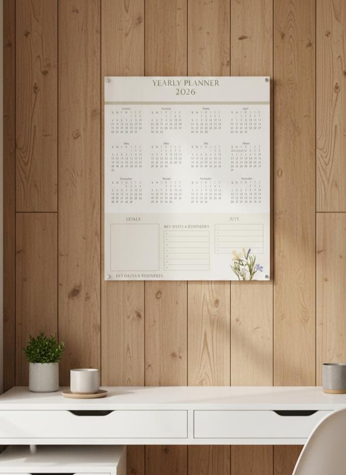 Yearly Wall Planner , Dusty Boho Design , Dry Erase Acrylic