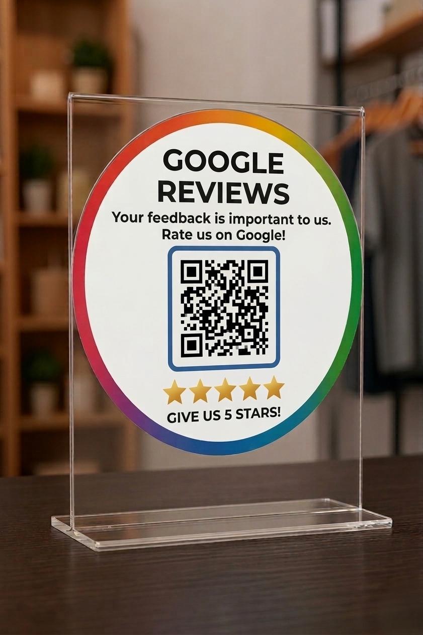 Acrylic Google Review Sign, Countertop QR Code Display