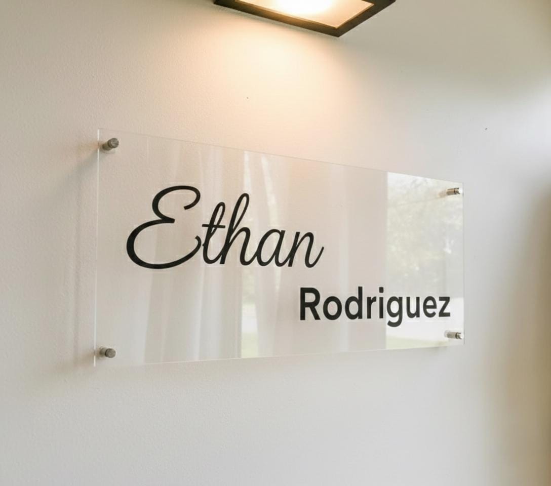 Modern Acrylic Office Sign, Clear or Mirror Gold , Floating Steel M...