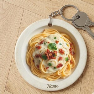 Personalized Spaghetti Carbonara Keychain, Italian Pasta Foodie 2D Flat Acrylic Keyring, Bacon Cubes Pasta Lover Gift