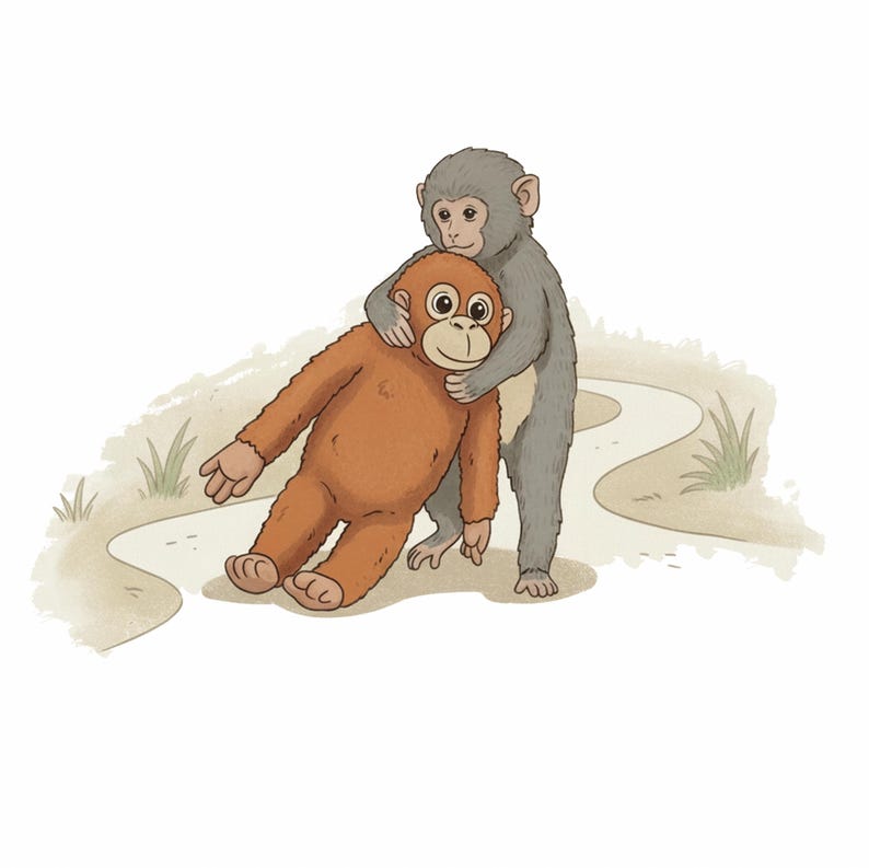 May include: Illustration of two cartoon monkeys. One is a light gray monkey hugging a brown monkey. The brown monkey is lying on a path. The background is a light beige color with a winding path and some grass.