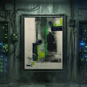 Op de afbeelding: Een ingelijste abstracte kunstprint met een figuur in een donkere jas, geplaatst in een futuristische, industriële omgeving. Het kunstwerk bevat groene en gele accenten, met de woorden "deja vu" onderaan. De scène wordt verlicht door een tl-buis.