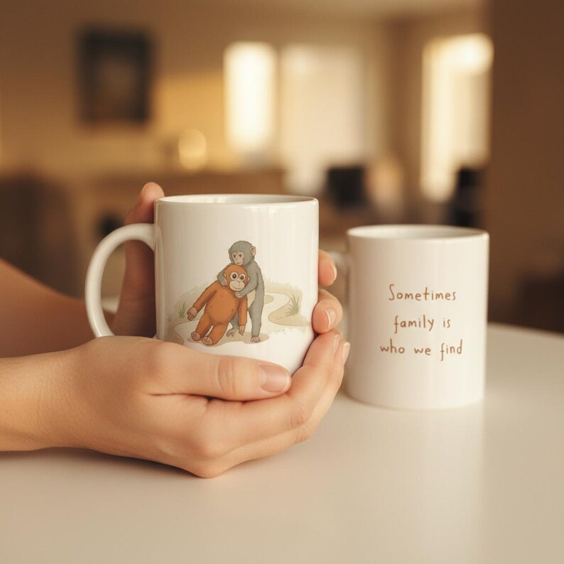 May include: White ceramic mug featuring a cartoon illustration of two monkeys embracing. The second mug has the text "Sometimes family is who we find". The mugs are held in a person's hands.