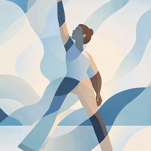 Puede incluir: Ilustración abstracta de una persona en una postura de yoga, extendiendo un brazo hacia arriba. La figura está representada en tonos de azul, beige y marrón, sobre un fondo de formas fluidas en forma de ola. La obra de arte evoca una sensación de movimiento y serenidad.