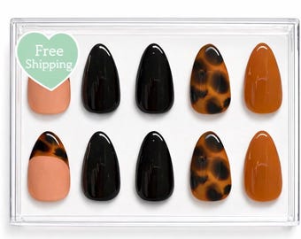 Tortoise Shell Press-On Nails | Glossy Brown & Black |